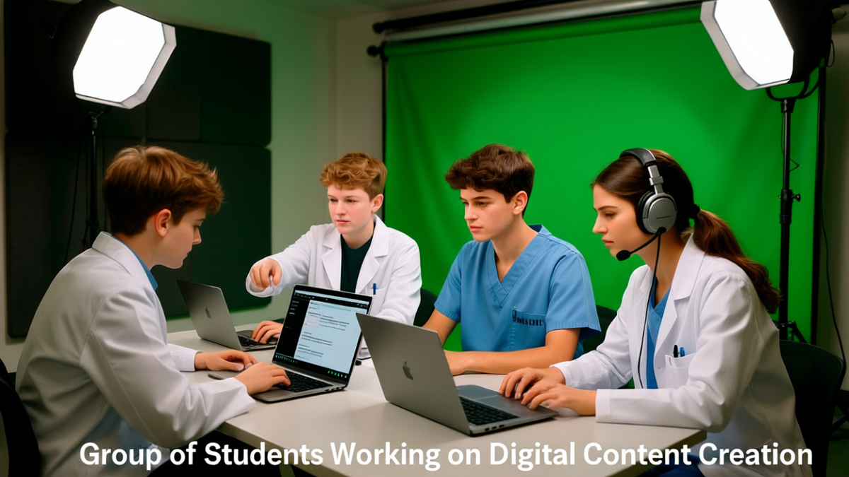 Students creating digital content for media projects.