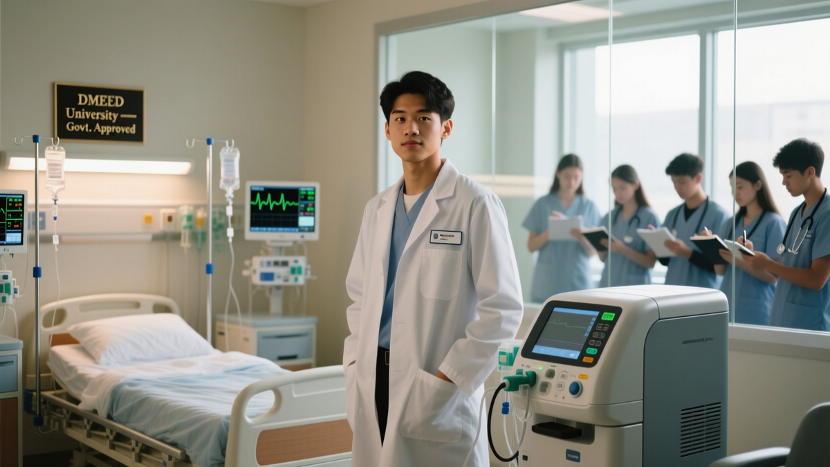 Dialysis technician training at DMEED University beside a dialysis machine.
