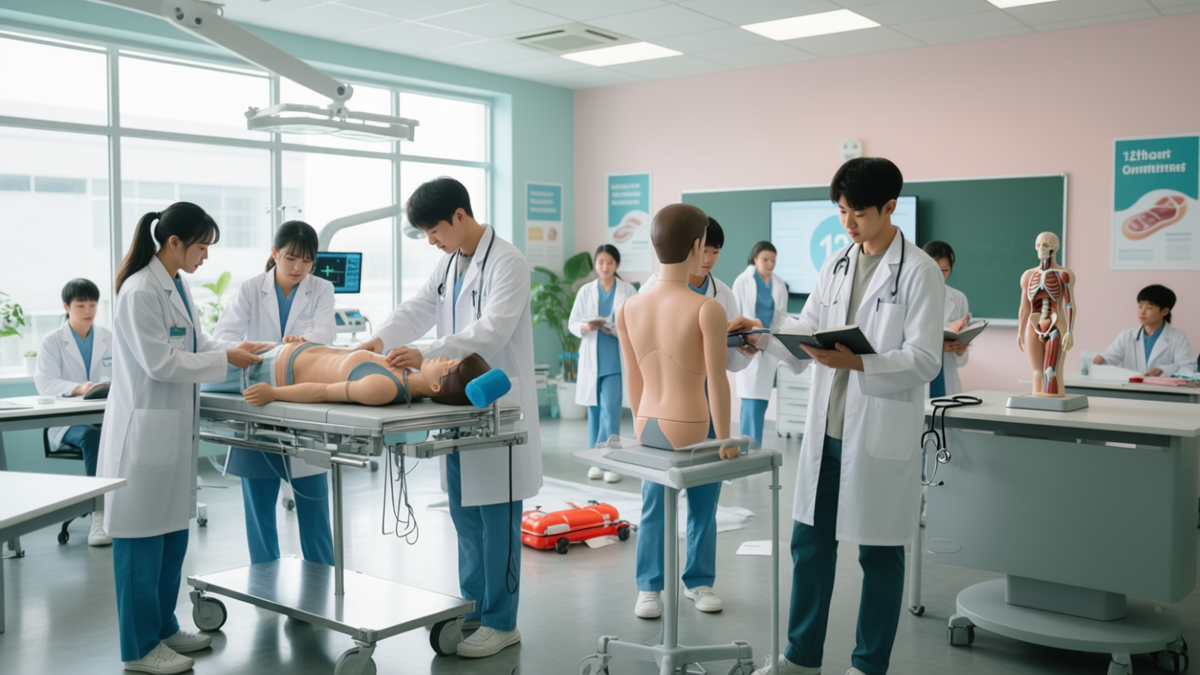 Students practicing patient care skills in a hospital simulation lab during Patient Care Management course, learning emergency response and healthcare techniques.