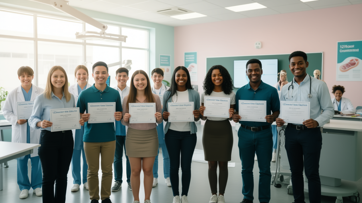 Diverse group of students holding Patient Care Management course certificates, representing 12th-pass eligibility and inclusive healthcare education.