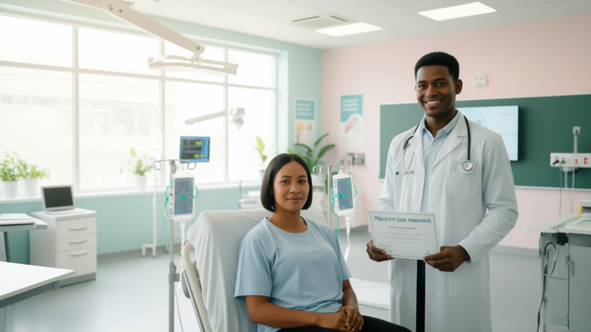 Young healthcare professional assisting a patient in a hospital or care home, representing career opportunities after completing Patient Care Management course.