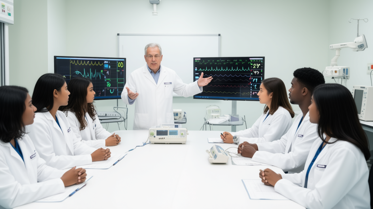 Cardiac Care Technology Course 2025 practical training with doctors demonstrating patient monitoring techniques in hospital.