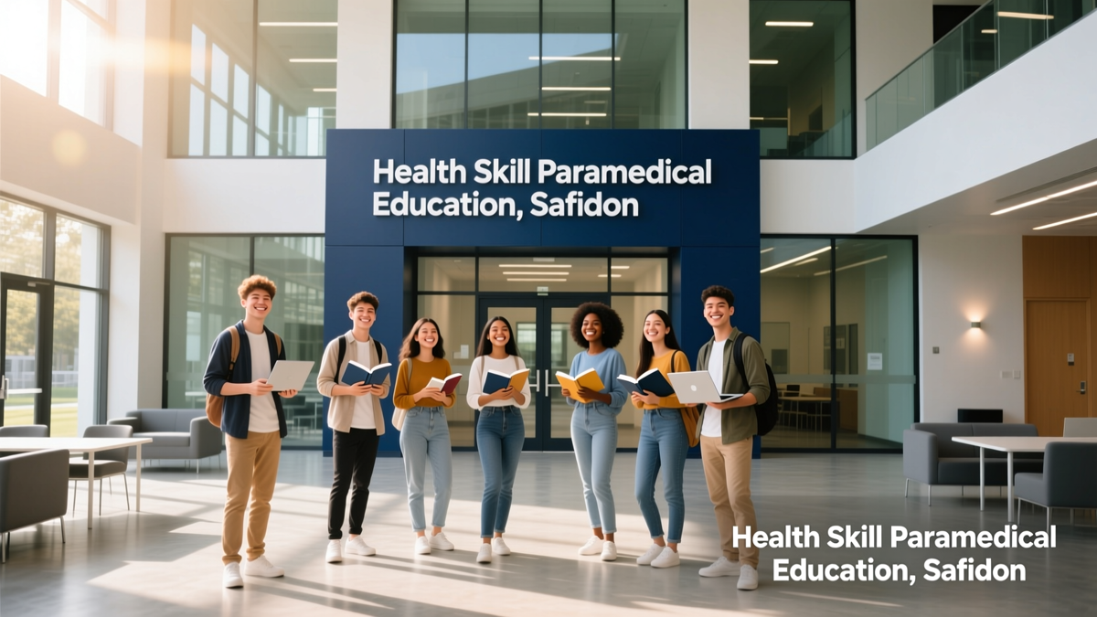 Students at Health Skill Paramedical Education, Safidon learning Diet and Nutrition courses after 12th, smiling with textbooks and laptops