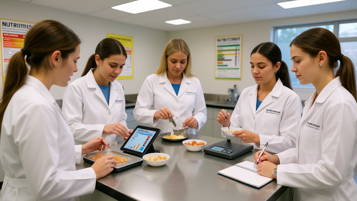 Students in lab coats practicing hands-on Nutrition and Dietetics training at Health Skill Paramedical Education, Safidon