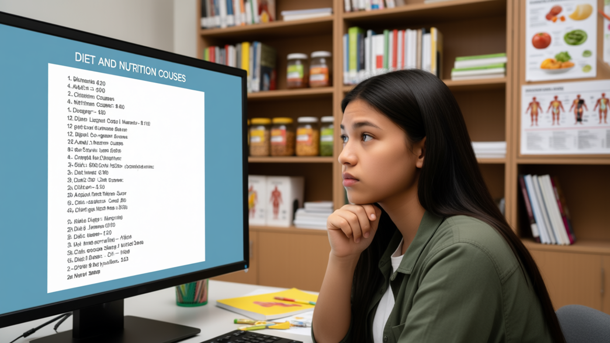 12th-pass student exploring Diet and Nutrition course options on a computer with study materials and charts in the background