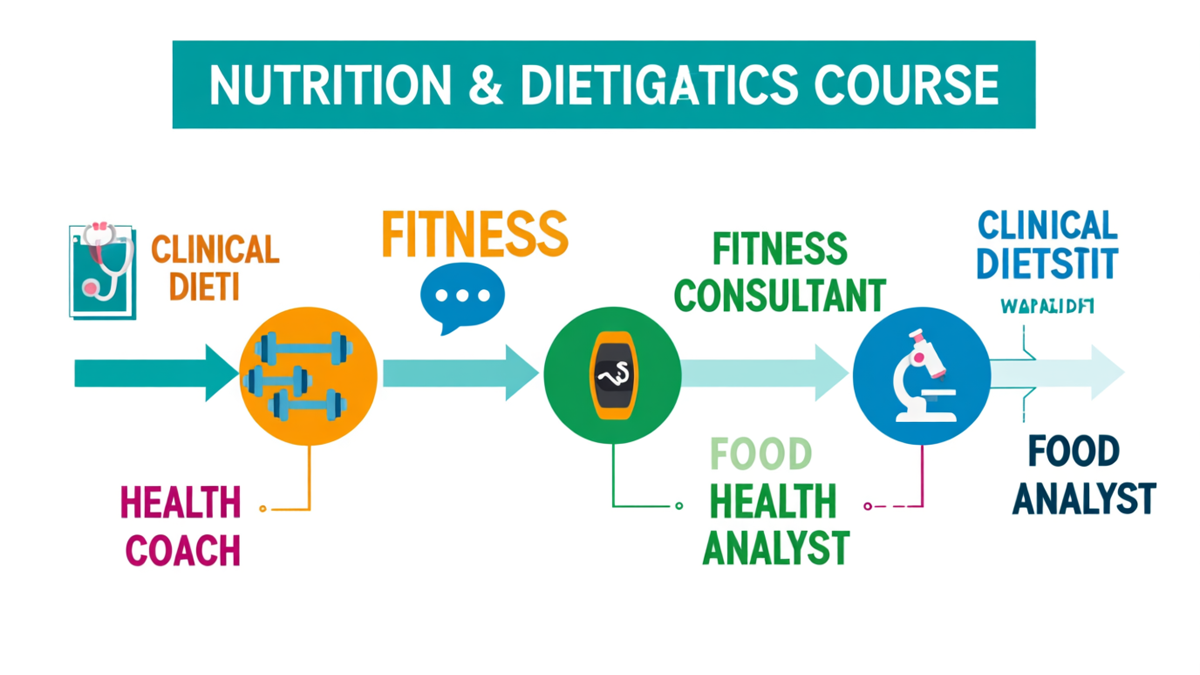 Infographic showing career paths after Nutrition and Dietetics course: Clinical Dietitian, Fitness Consultant, Health Coach, Food Analyst