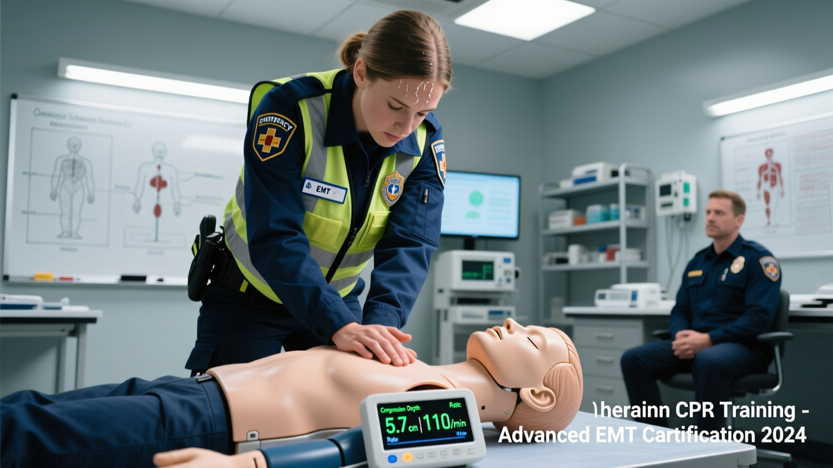 Emergency Medical Technician trainee performing CPR on a mannequin during hands-on training
