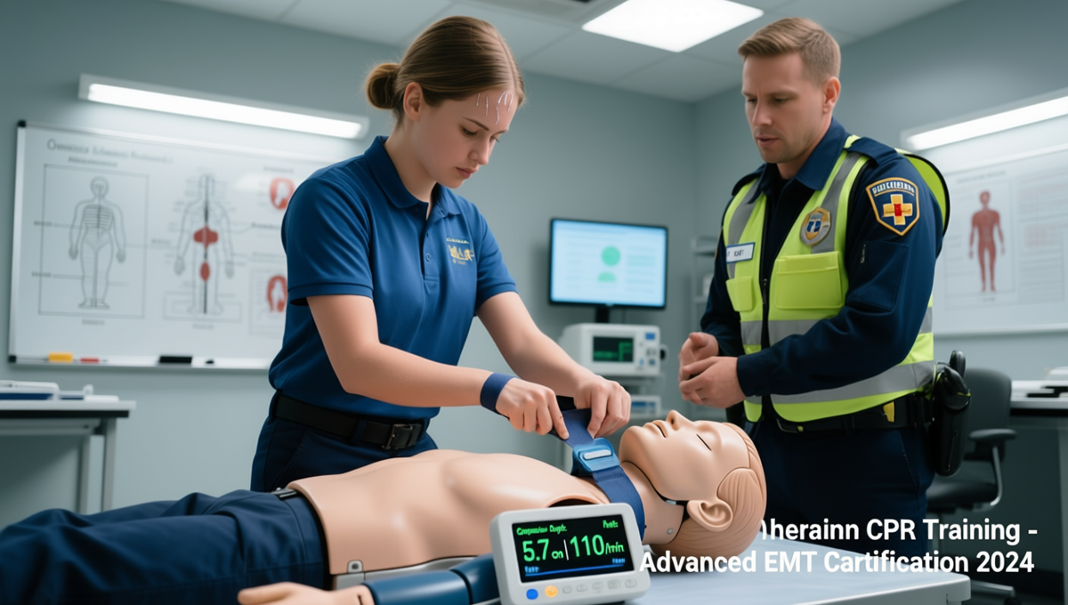 EMT trainee applying tourniquet while instructor supervises during bleeding control drill