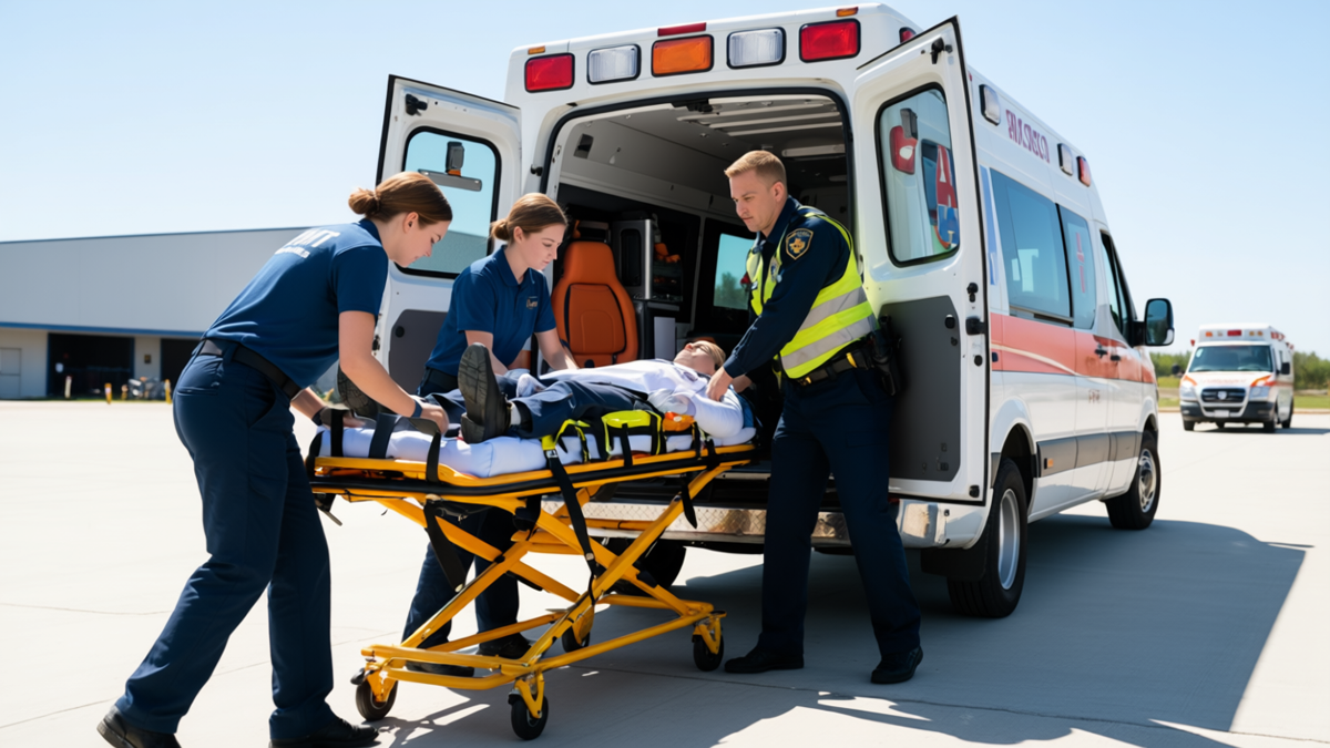 EMT team loading a simulated patient into an ambulance during transport training