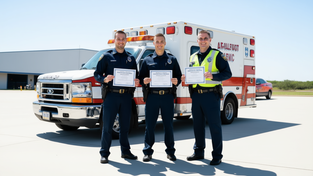 Newly certified EMTs holding certificates and smiling after course completion