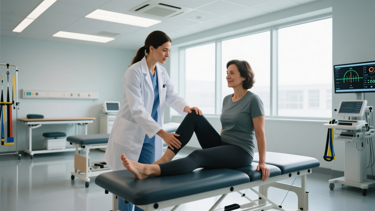Physiotherapist guiding a patient during rehabilitation therapy session in a hospital.
