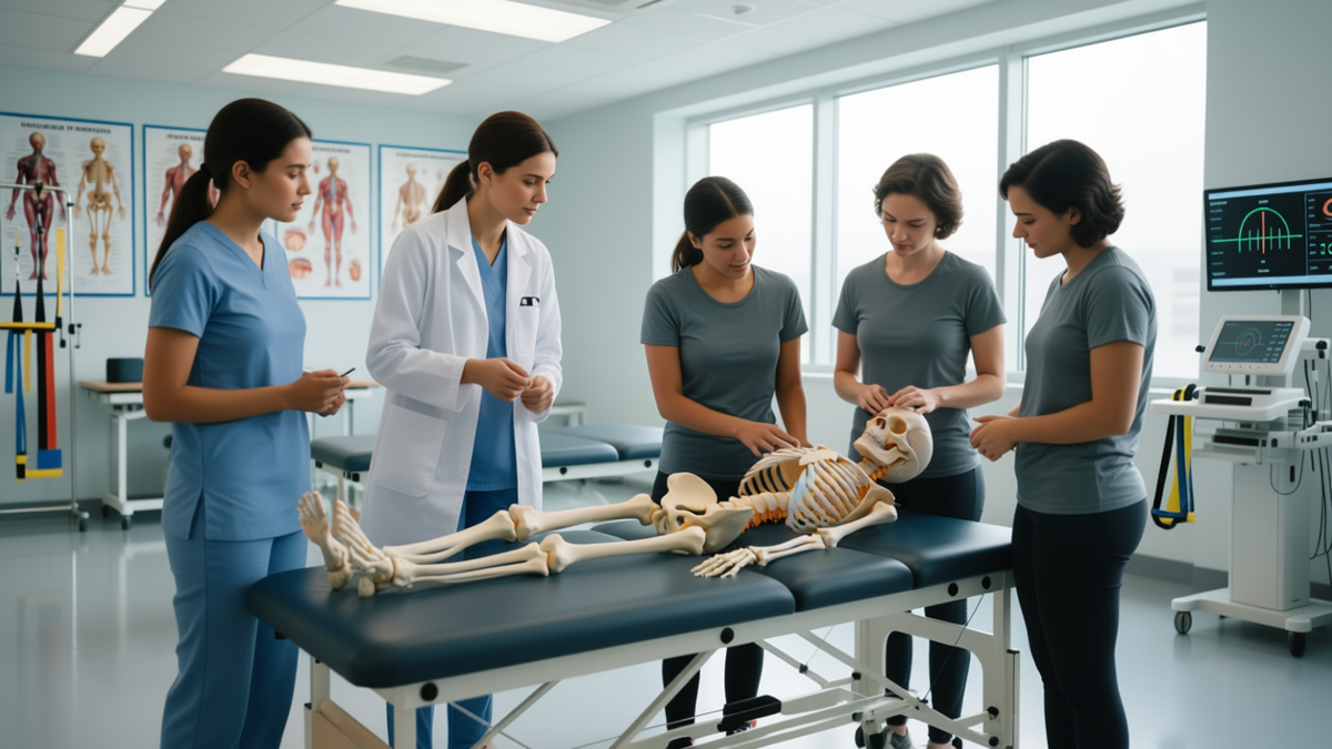 Physiotherapist using modern electrotherapy machine on a patient’s leg inside a rehabilitation center, showing advanced treatment techniques.