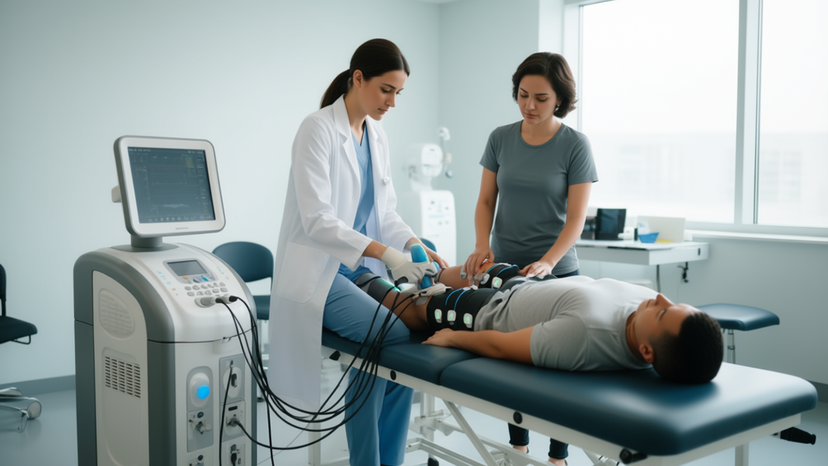 Electrotherapy treatment performed by physiotherapist in rehabilitation center.