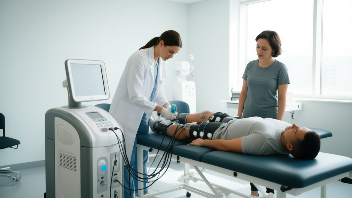Patient doing recovery exercises with physiotherapist in hospital physiotherapy unit.